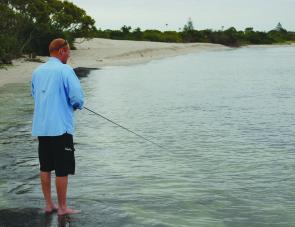 Plenty of shore-based spots exist around the shallow fringes of the Tuggerah lakes. John Grant tries his luck on the southern side of Swansea Channel.